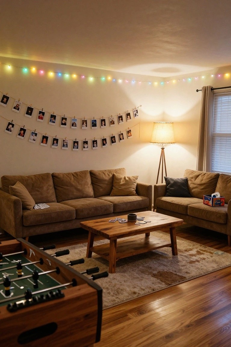 Cozy living room with two brown upholstered sofas facing a wooden coffee table, foosball table in foreground, multi-colored string lights along upper walls, garland of clipped photos on one wall, floor lamp, and window with blinds.