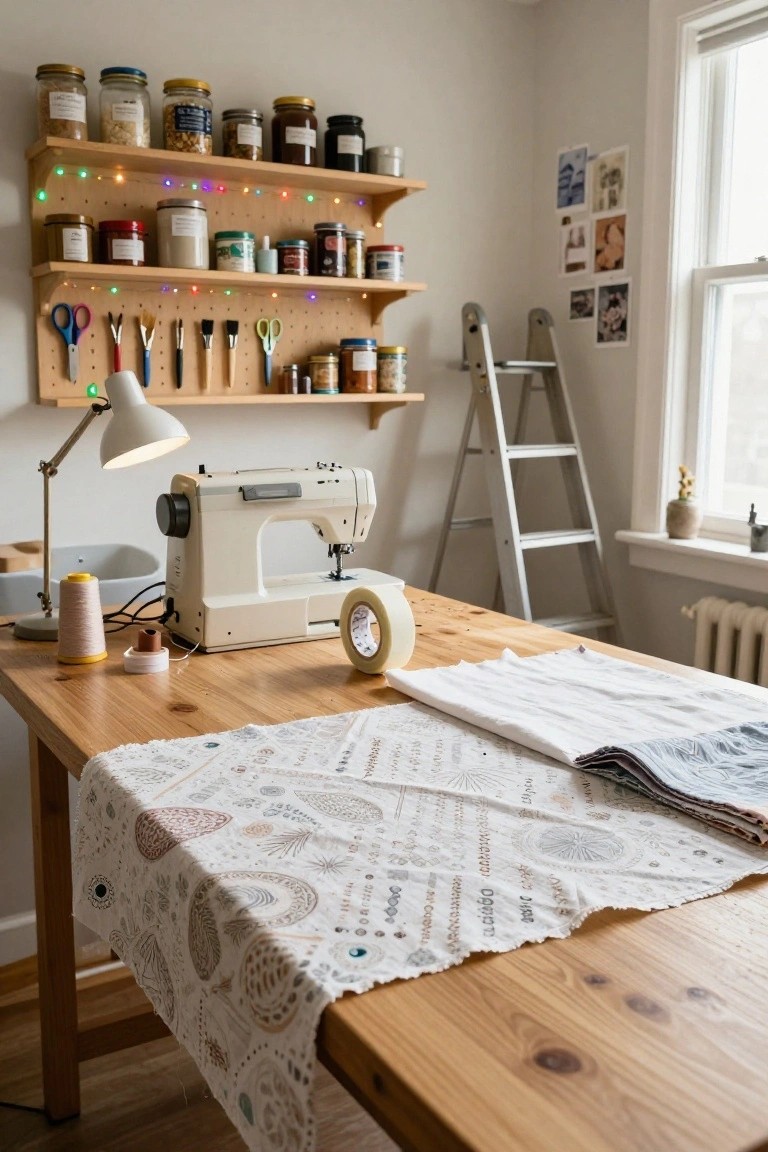 Craft room interior with wooden pegboard shelves lined in multi-colored string lights, jars of supplies, brushes and scissors, a white sewing machine on a fabric-covered wooden table, and a ladder nearby.