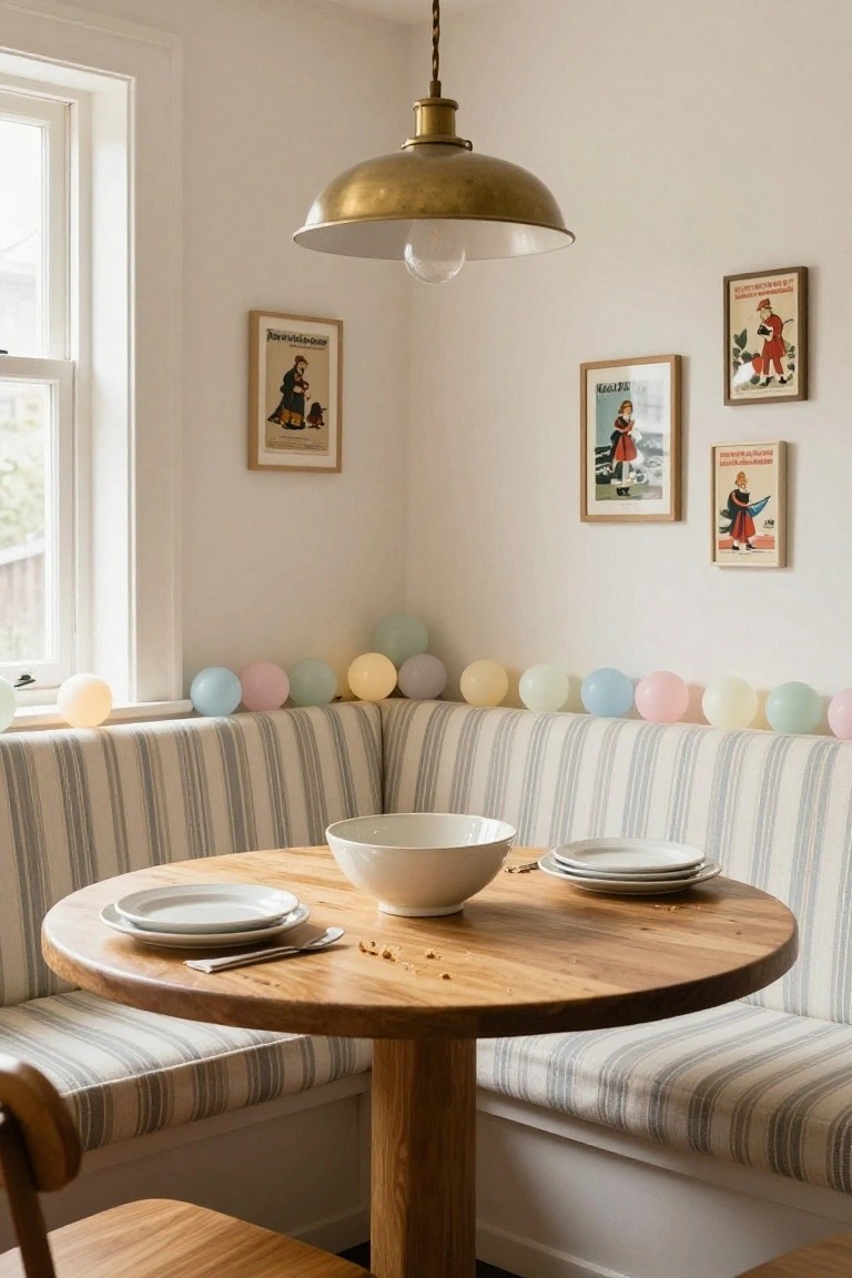 Corner bench seating in a white kitchen with a round wooden table set with white plates and bowl, a string of glowing pastel balloons along the bench, vintage posters on walls, and a brass pendant light overhead.