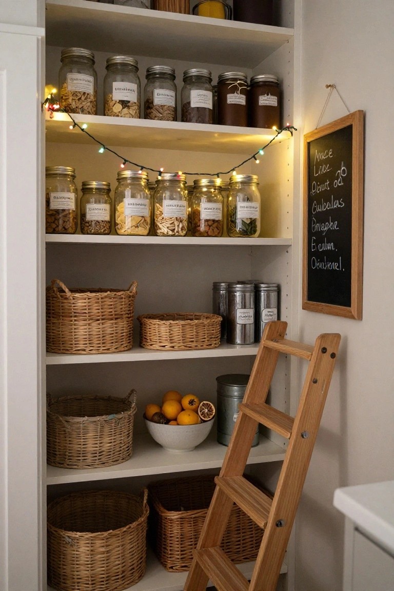 Organized pantry interior with white shelves holding glass jars of dried foods and nuts, wicker baskets, metal tins, oranges in a white bowl, a wooden step ladder leaning against the shelves, green string lights draped along the top, and a chalkboard sign listing menu items.