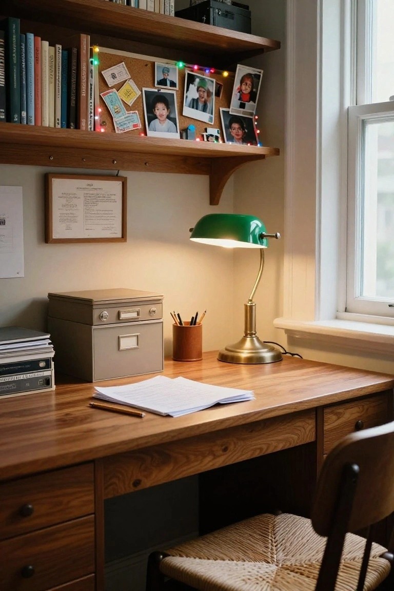 Wooden desk in a home study with open notebook, pencils, tan file box, green banker's lamp lit, bookshelves stocked with books, and multi-colored string lights around a corkboard with pinned photos above the desk.