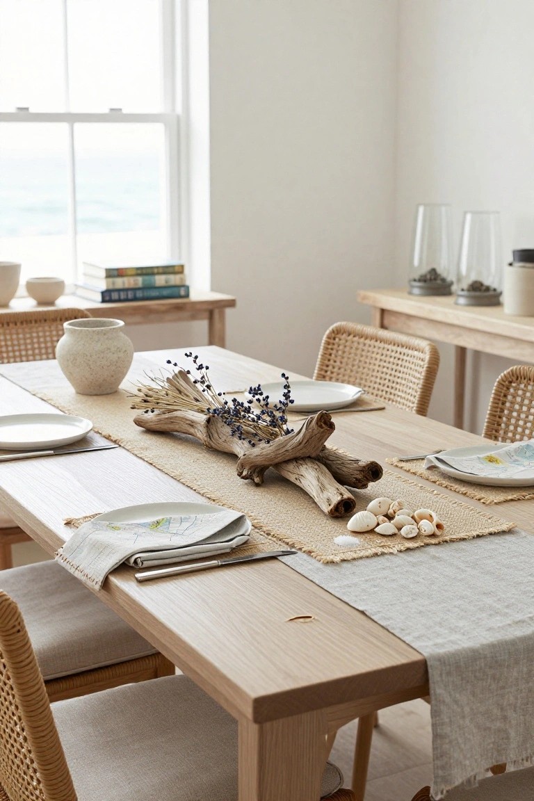 Wooden dining table in a light room with rattan chairs, featuring a centerpiece of driftwood branches, dried lavender, and seashells on a beige runner, white plates and napkins set, ocean view through window.