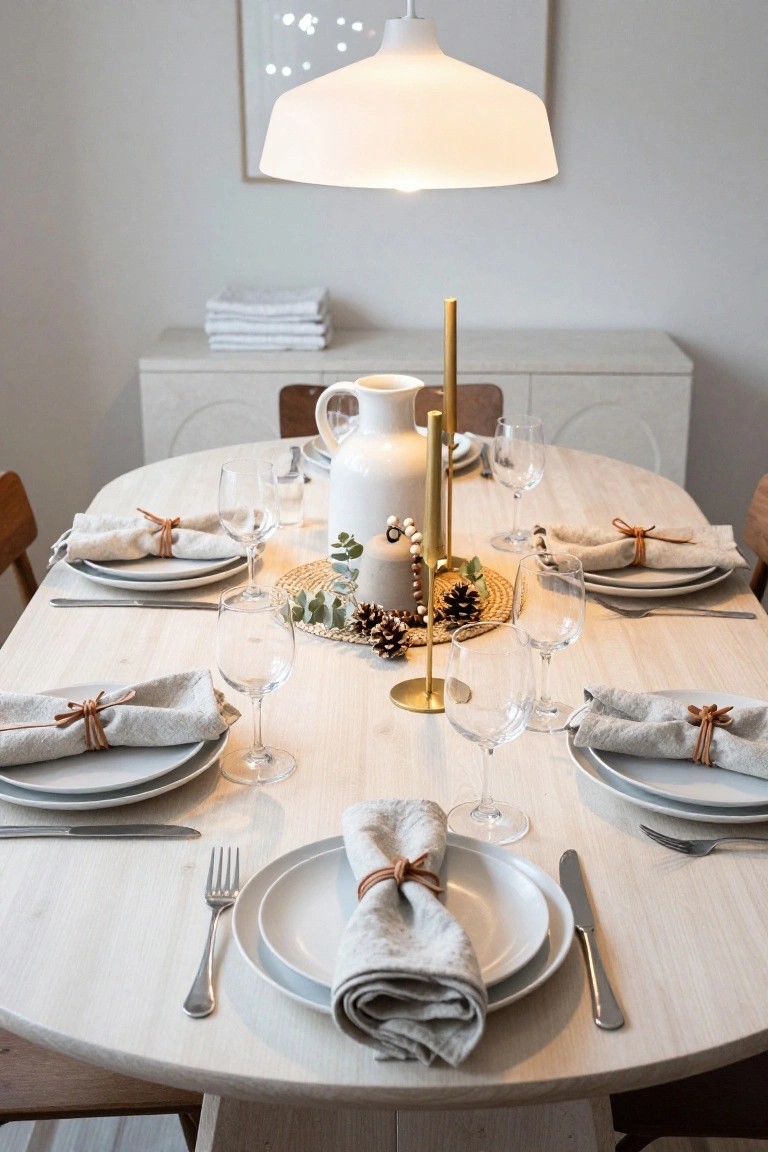 Round light wood dining table set with white plates, linen napkins tied with brown leather cords, wine glasses, gold candle holders, white jug, pinecones, eucalyptus, and rattan placemat in a neutral interior with chairs and sideboard.