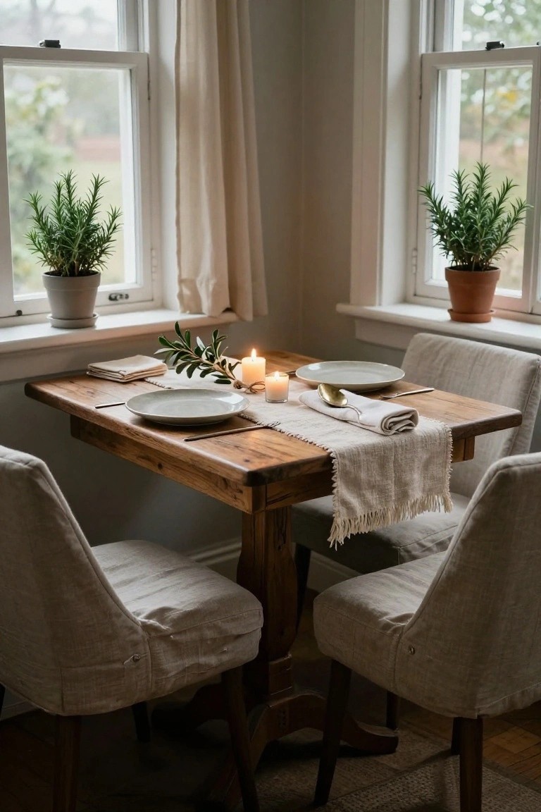 Small wooden dining table in a corner room set with two white plates, beige fringed linen runner, three white candles, olive branches, gold utensils, flanked by two windows with potted rosemary plants and sheer curtains.