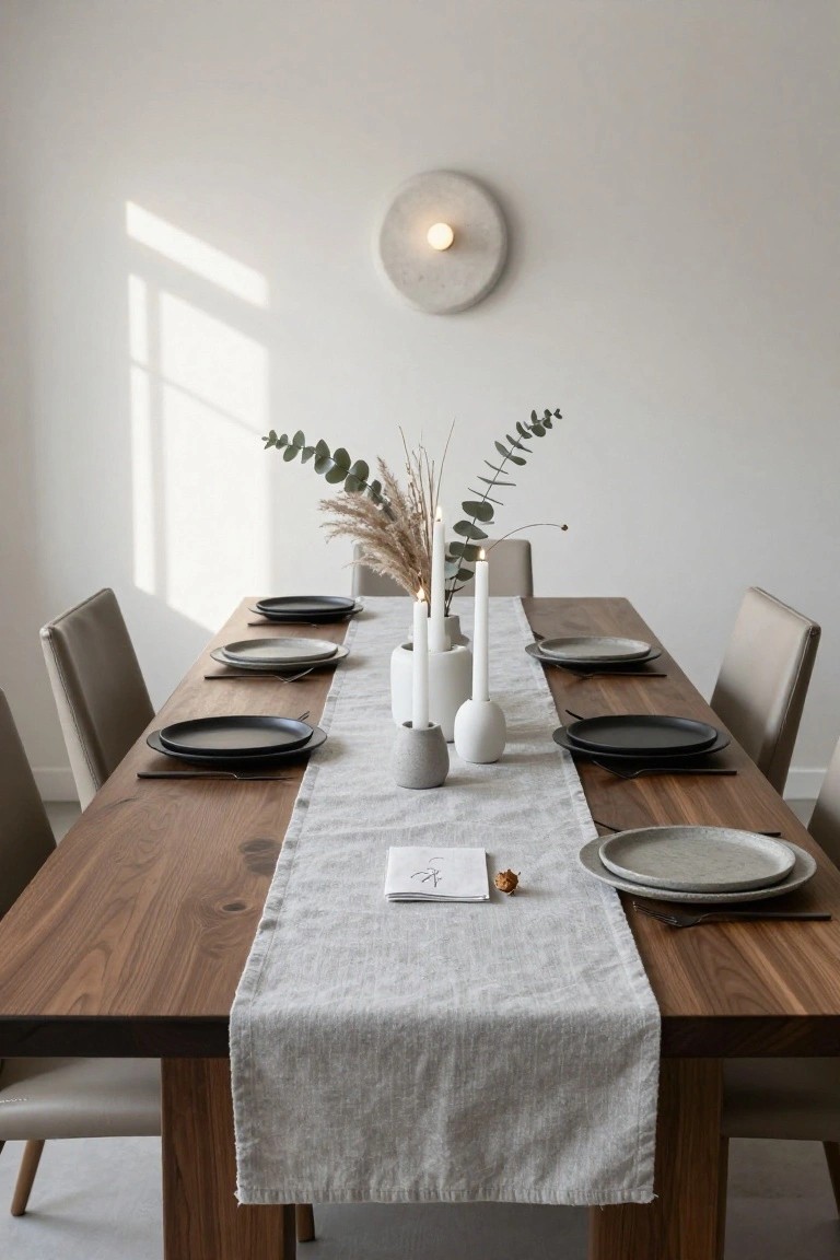 Walnut dining table in a white-walled room set with a gray linen runner, white ceramic vases and candles, dried pampas grass and eucalyptus, neutral plates and matte placemats, beige leather chairs.