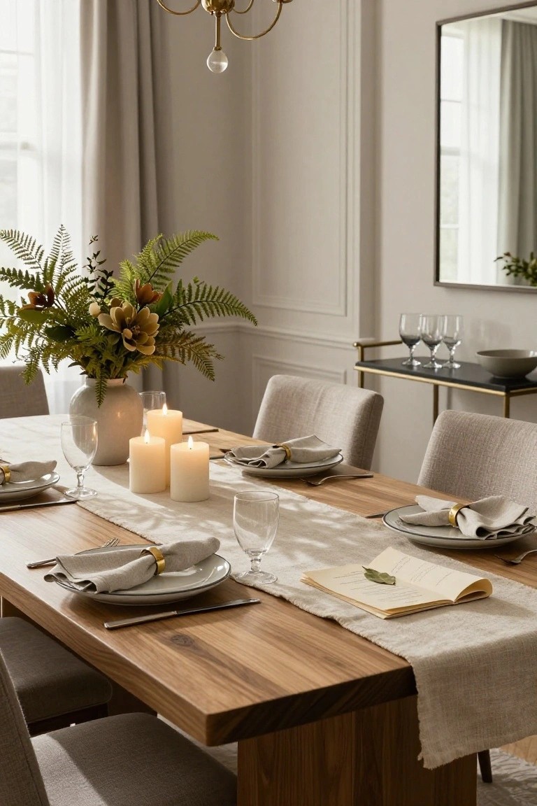 Wood dining table set for a meal with beige linen runner, three pillar candles, white plates with linen napkins and gold rings, wine glasses, vase of ferns and flowers, and beige upholstered chairs in a light room with windows and chandelier.