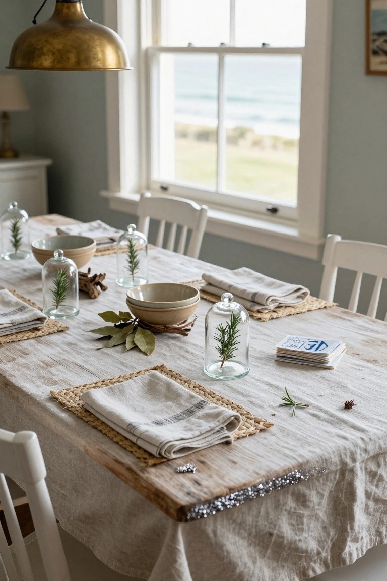 Dining table in a light blue room with ocean view, set for Christmas using glass cloches with rosemary sprigs, linen napkins, seagrass placemats, ceramic bowls, and wooden chairs.