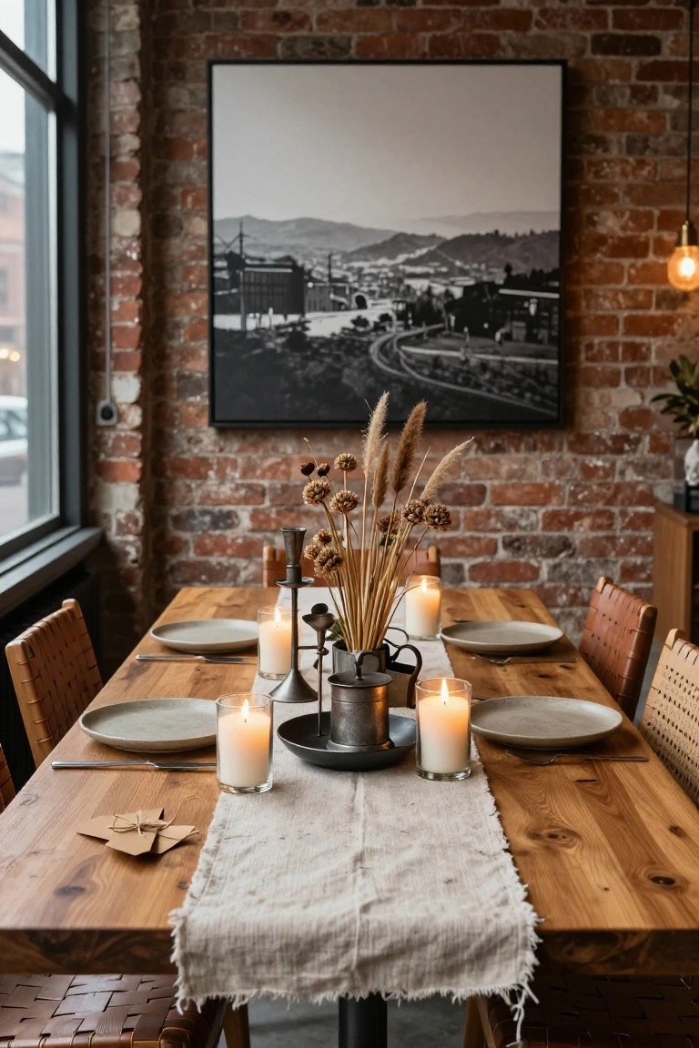 Dining table with neutral plates, linen runner, multiple candles, and tall dried pampas grass in a metal container on wooden surface, brick walls and large framed photo in background.