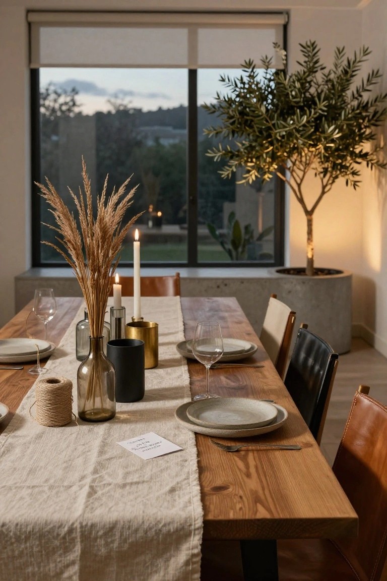 Dining table set with neutral plates, wine glasses, pampas grass in a glass vase, multiple candles, gold and black cylindrical holders, linen runner, twine-wrapped vase, and note card, next to leather chairs and large window with olive tree in concrete pot.