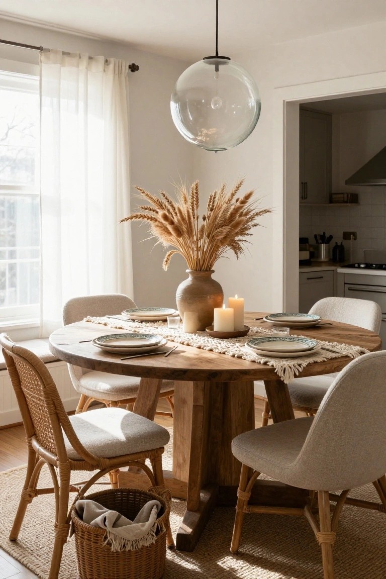 Round wooden dining table with neutral plates on a textured runner, tall dried wheat in a terracotta vase, two beige pillar candles, and mixed rattan and upholstered chairs in a light-filled room with sheer curtains.