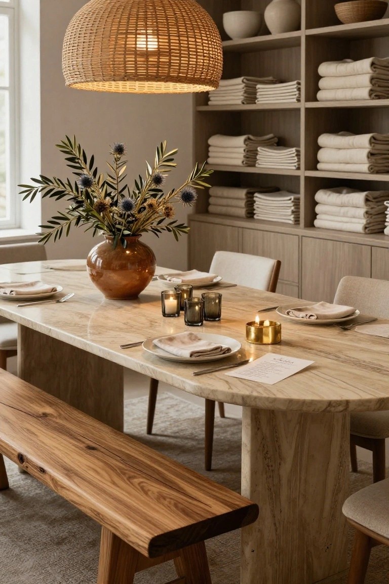 Dining table made of light wood with beige napkins and plates, clustered glass and gold candles, a large terracotta vase of olive branches and thistles, under a rattan pendant light, with beige linen shelves and chairs nearby.