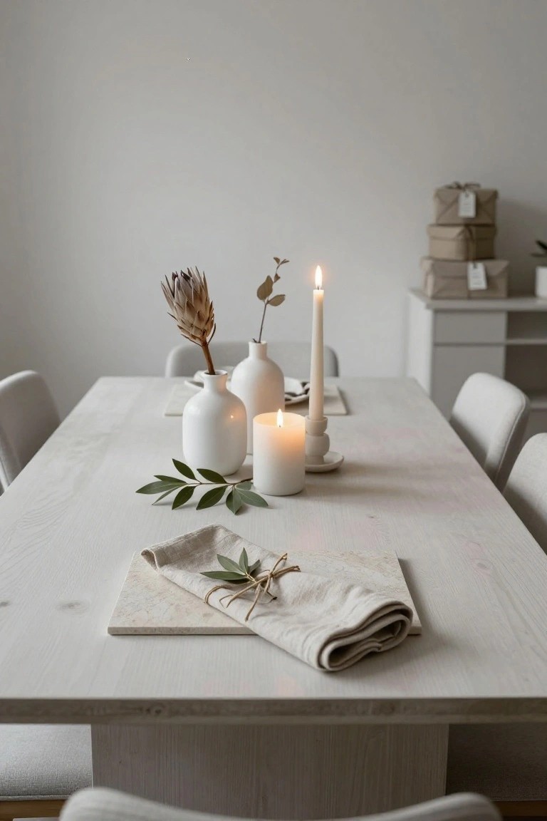 Light wooden dining table with white pillar and taper candles, white ceramic vases holding dried protea and eucalyptus, a linen napkin bundle tied with twine and greenery leaves, beige chairs, and stacked wrapped gifts on a cabinet in the background.