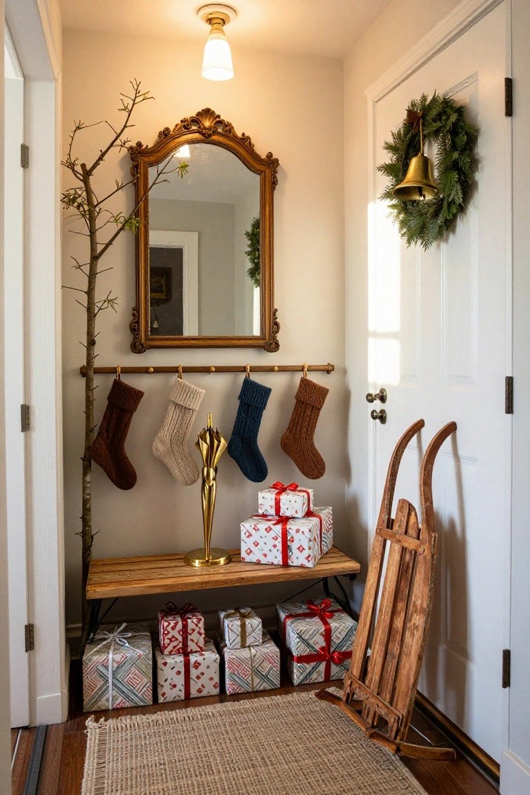 Narrow beige entryway decorated for Christmas with a tall bare branch against one wall, colorful knit stockings hanging from a wooden pipe rail, wrapped gifts on a wooden bench, a gold umbrella stand, an ornate gold mirror, wooden sleds leaning by the white door with evergreen wreath and brass bell, and a woven rug on the floor.