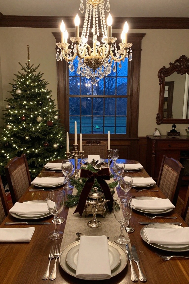 Formal dining room with lit Christmas tree in corner near large window, wooden table set with white linens, crystal glasses, silverware, candelabras, and teapot centerpiece under crystal chandelier.