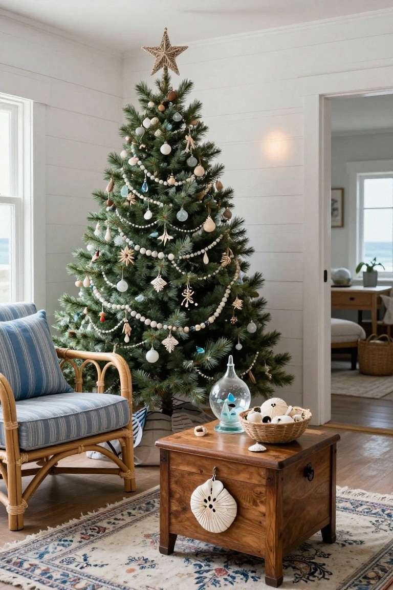 A decorated evergreen Christmas tree with white beaded garlands, shell ornaments, blue glass balls, and a woven star topper stands in a white shiplap-walled room beside a rattan chair and wooden chest, with an ocean view through the window.