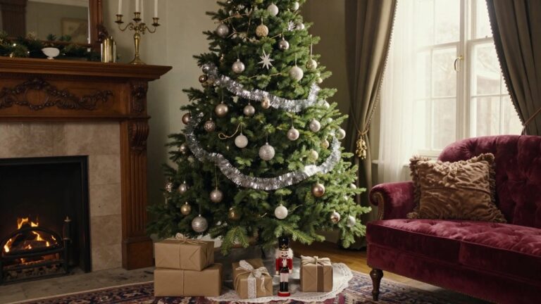 Tall Christmas tree in a pale green living room corner decorated with silver tinsel garlands, metallic ball ornaments, and a beige sheet music banner, next to a lit fireplace, red velvet armchair, nutcracker figure, and stacked brown paper wrapped gifts on a patterned rug.
