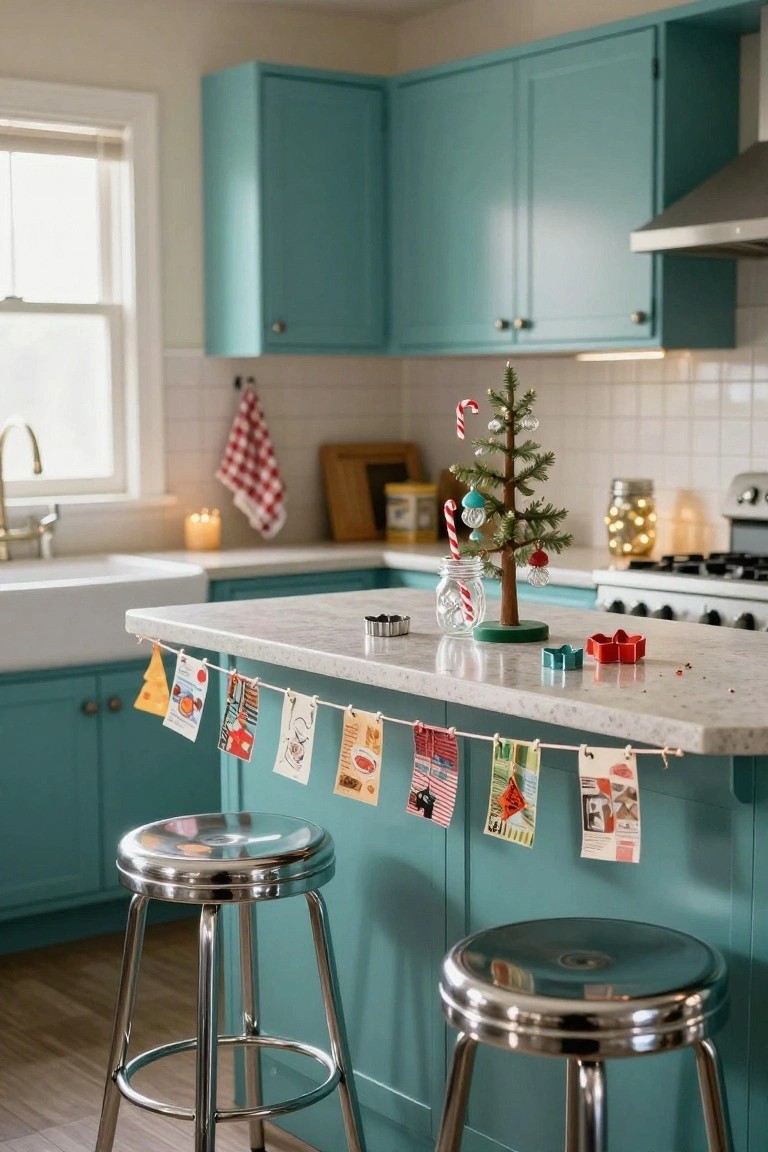 Cozy kitchen with teal cabinets, white subway tile backsplash, farmhouse sink, quartz island topped with a small decorated Christmas tree, holiday card garland, cookie cutters, and two silver bar stools.