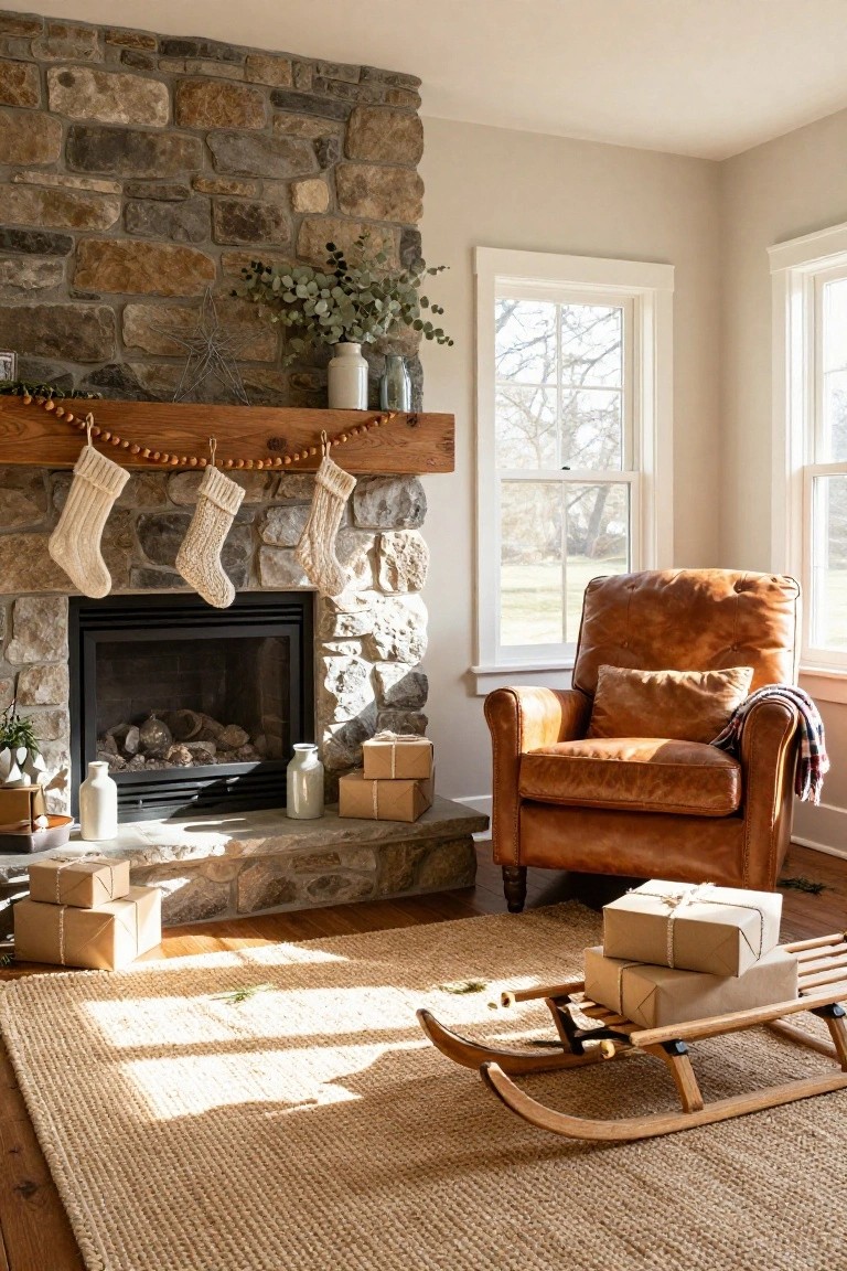 Stone fireplace in a sunlit living room corner with wooden bead garland on the mantel, three white knit stockings hanging from it, brown leather armchair with pillows and blanket, wrapped gifts, glass jars, plants, and wooden sleigh on seagrass rug.