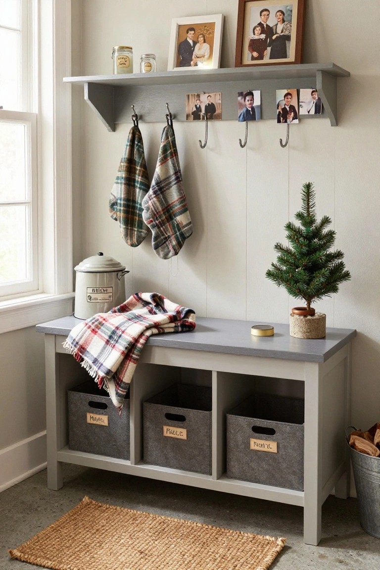 Gray wood mudroom bench with plaid blanket, small potted Christmas tree in gray pot, labeled fabric storage bins in cubbies, metal bucket, hanging plaid stockings and scarves from shelf hooks with family photos and jars above, seagrass rug on wood floor.