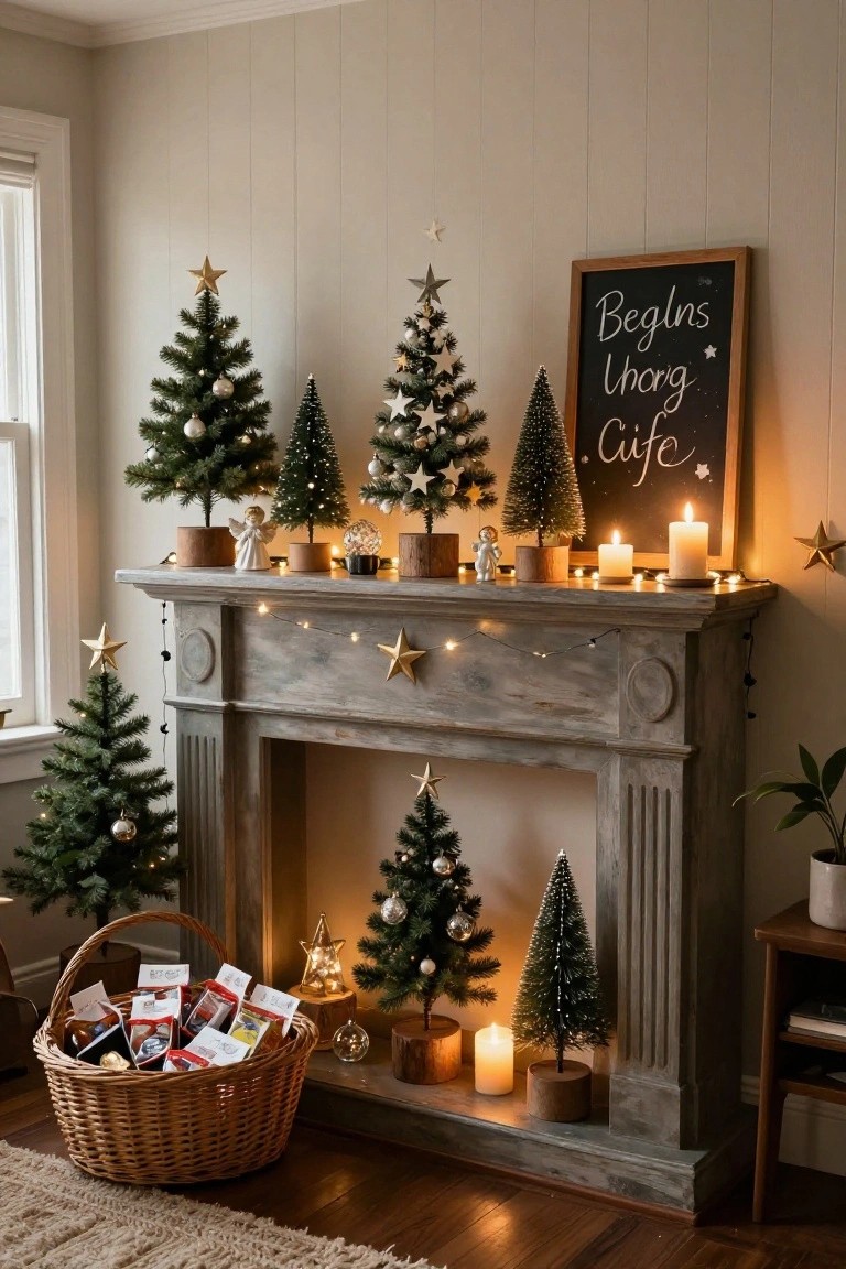 Cozy room interior featuring a gray stone fireplace mantel decorated with multiple small artificial Christmas trees, angels, candles, string lights, and gold stars, with a wicker basket of chocolate boxes on the floor nearby.