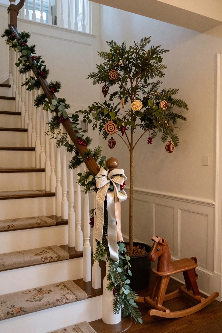 White wooden staircase wrapped in green garland with red berries and eucalyptus, a tall potted artificial tree decorated with ornaments and a white bow at the base, and a wooden rocking horse nearby in a paneled entry hall.