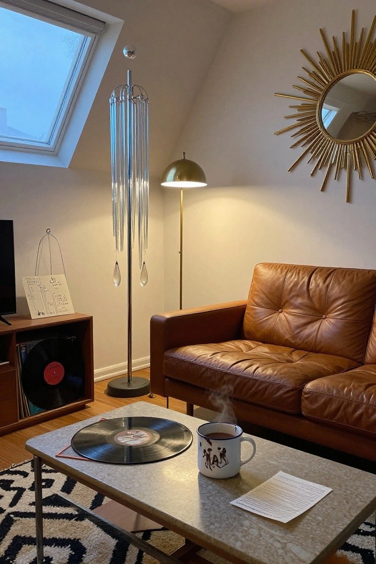 Living room interior with tufted brown leather sofa, low gray-topped metal coffee table holding black vinyl record and white mug with steam, wood record cabinet with visible albums, chrome floor lamp, crystal rod hanging lamp, gold sunburst mirror, and beige walls under skylight.