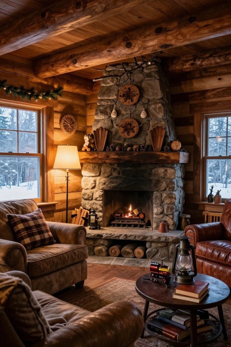 Log cabin living room with wooden walls and beams, large stone fireplace decorated with pine garlands, pinecones, and wooden ornaments, leather armchairs around a small table, and snowy forest view through windows.