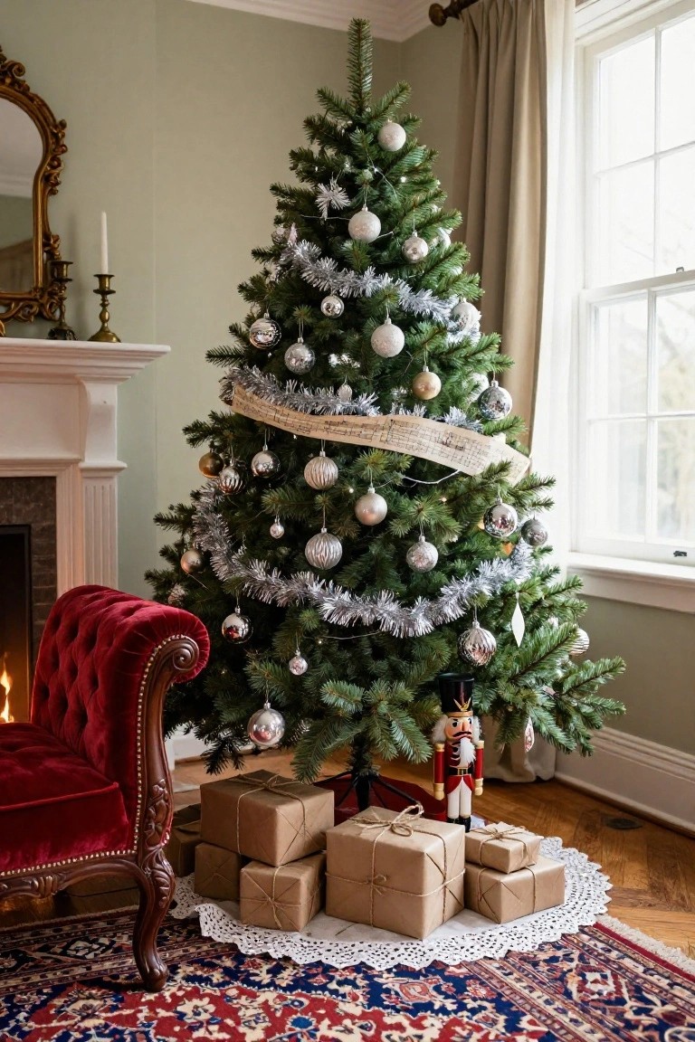 Tall Christmas tree in a pale green living room corner decorated with silver tinsel garlands, metallic ball ornaments, and a beige sheet music banner, next to a lit fireplace, red velvet armchair, nutcracker figure, and stacked brown paper wrapped gifts on a patterned rug.