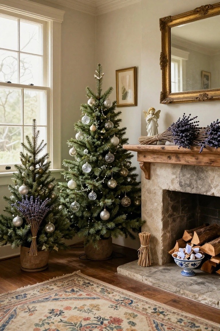 Beige living room corner with two small potted Christmas trees decorated in silver ornaments and lavender bundles next to a stone fireplace on a wooden mantel holding firewood and a blue bowl.