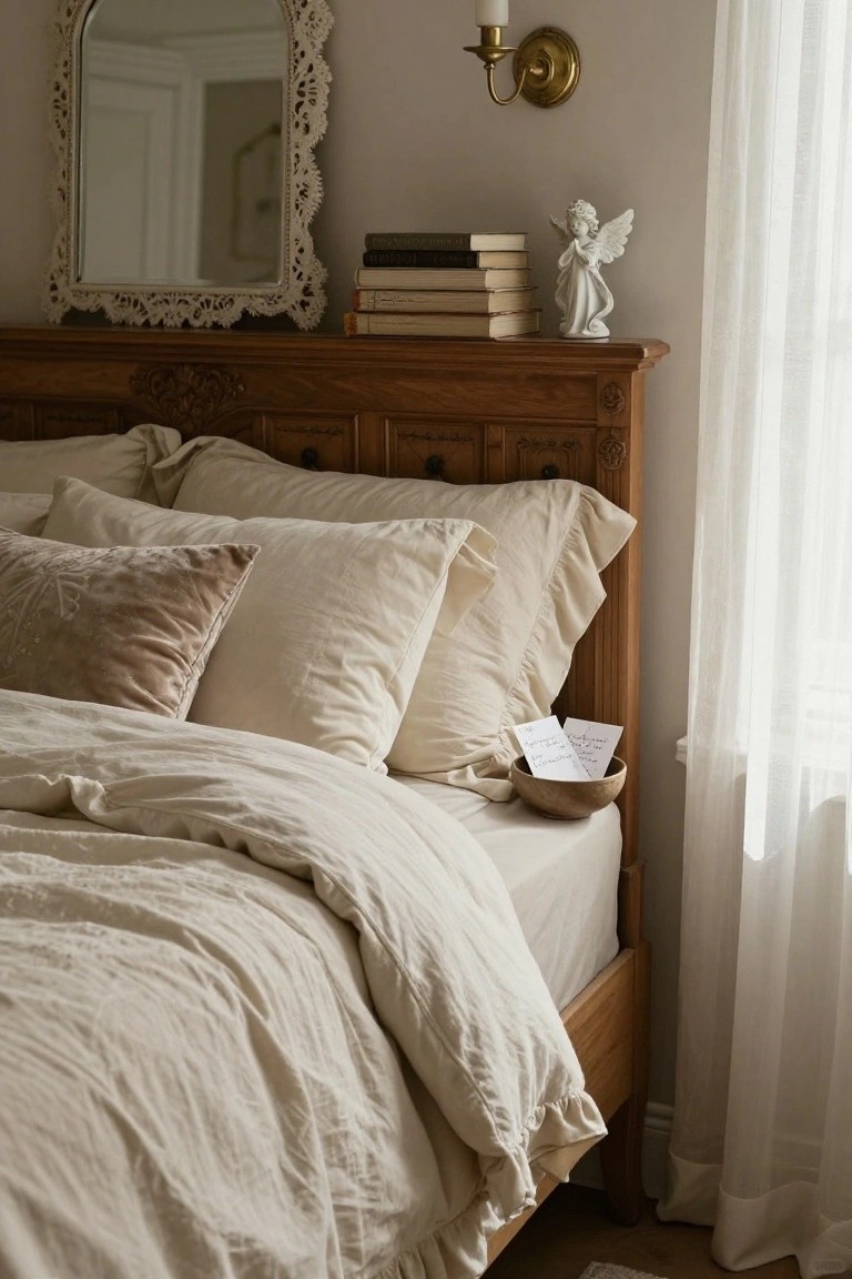 Cozy bedroom interior with carved wooden headboard, layered cream pillows and duvet, stack of books, white winged angel figurine, wooden bowl with papers on nightstand, ornate mirror, candle sconce, and sheer curtained window.
