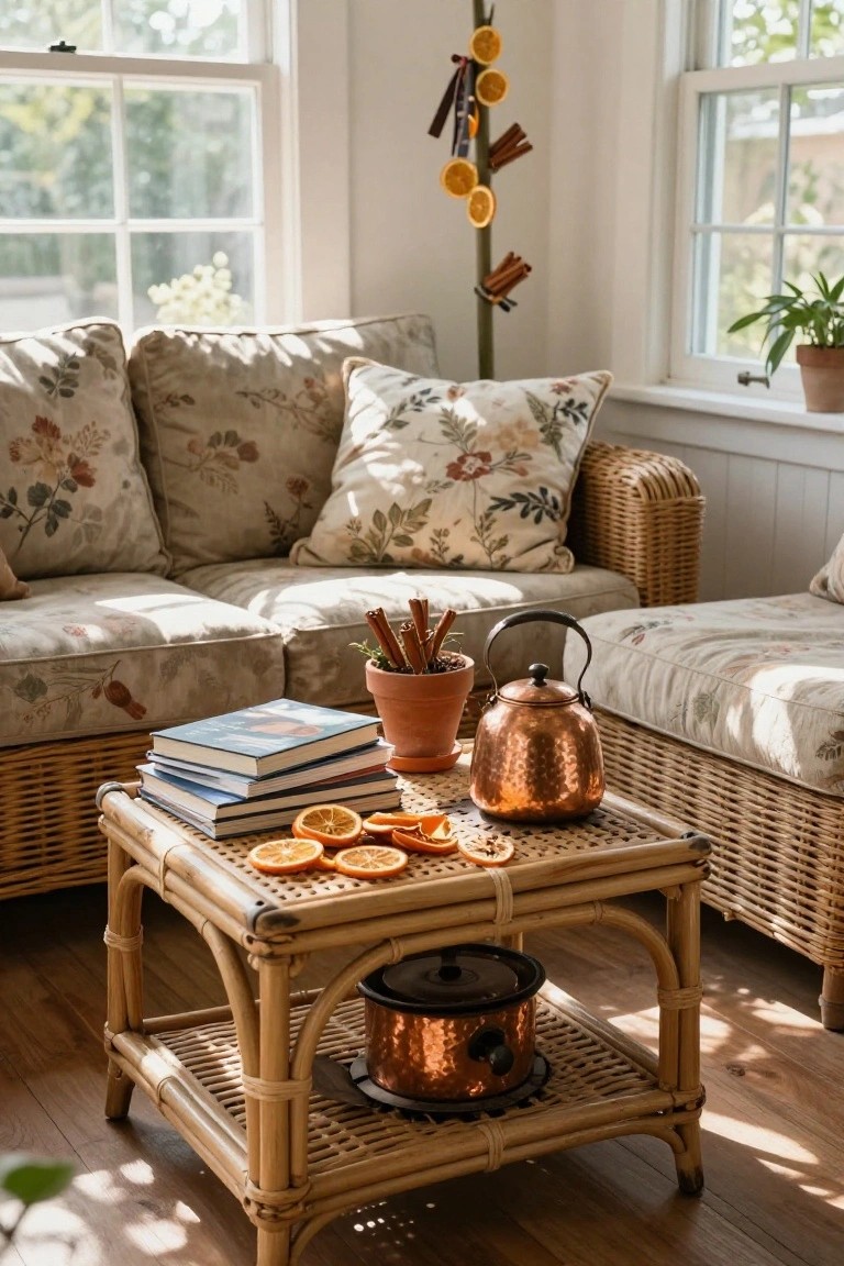 Sunlit interior room featuring beige floral-patterned sofas, rattan side table with stacked books, sliced oranges, cinnamon sticks, copper kettle and pot, and a hanging garland of dried oranges with cinnamon sticks on a pole near windows.