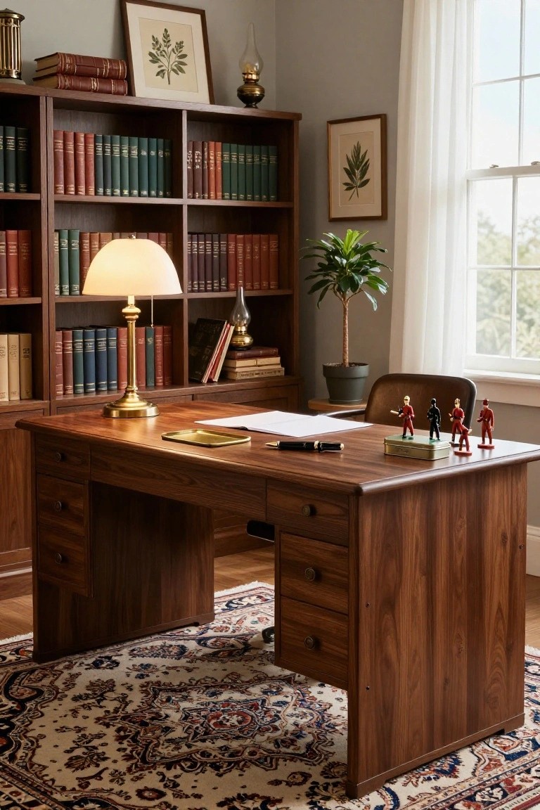Wooden desk in a book-filled study with small red and black toy soldier figurines on a tin box, brass lamp, pen, papers, and surrounding walnut bookshelves.