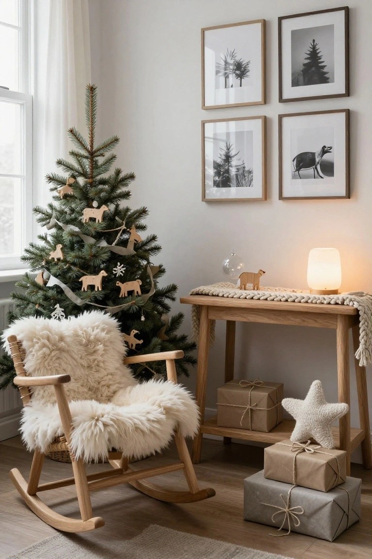 Cozy indoor corner with a small Christmas tree decorated with wooden animal ornaments and ribbons, a sheepskin-covered wooden rocking chair, oak side table with wrapped gifts, glass lamp, and wooden reindeer figurine, framed black-and-white photos on white walls.