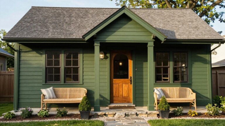 17 Olive Green House Exteriors That Feel Warm and Earthy Small olive green shingled cottage with gabled roof, green door, flanked windows, lanterns, wicker chairs with cushions, potted boxwoods, stone steps, and gravel path amid garden plantings.