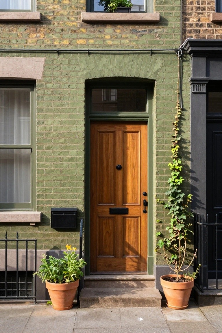 Olive green painted brick house facade with arched transom window, wooden front door, black mailbox, ivy vine on wall, and terracotta pots with plants on steps.