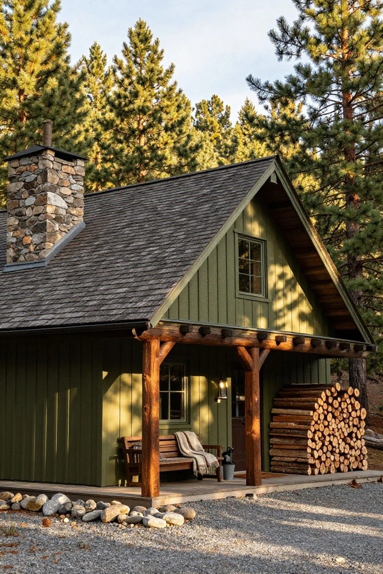 Olive green wooden cabin with gabled roof, stone chimney, covered porch with log beam supports, wooden bench, potted plants, firewood stack, and surrounding pine trees on gravel ground.