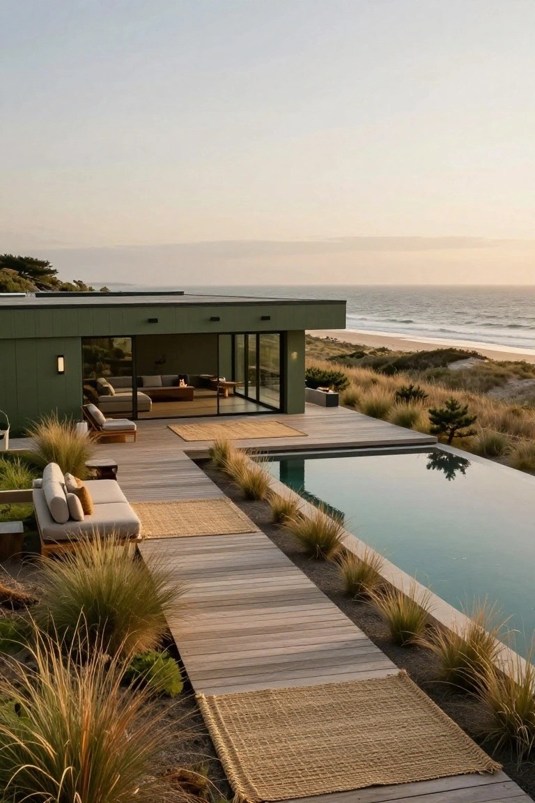 Olive green modern house exterior with glass walls and wooden deck leading to infinity pool, surrounded by dune grasses on a coastal cliff overlooking the ocean at sunset.
