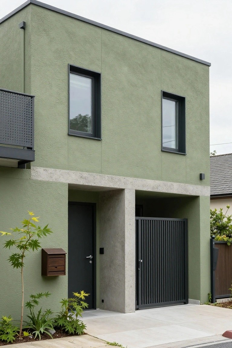 Modern two-story house exterior featuring olive green textured plaster walls, a concrete base with pillars framing a black metal gate and door, a black-framed balcony above, and small plants along the front path.