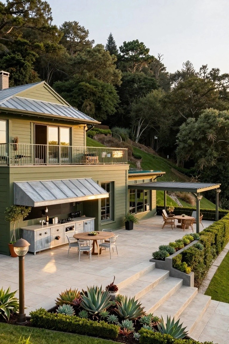 Two-story olive green house on a hillside surrounded by trees, featuring a metal roof, upper balcony, lower outdoor kitchen under a metal awning, patio with table and chairs, concrete steps, and succulent plantings.
