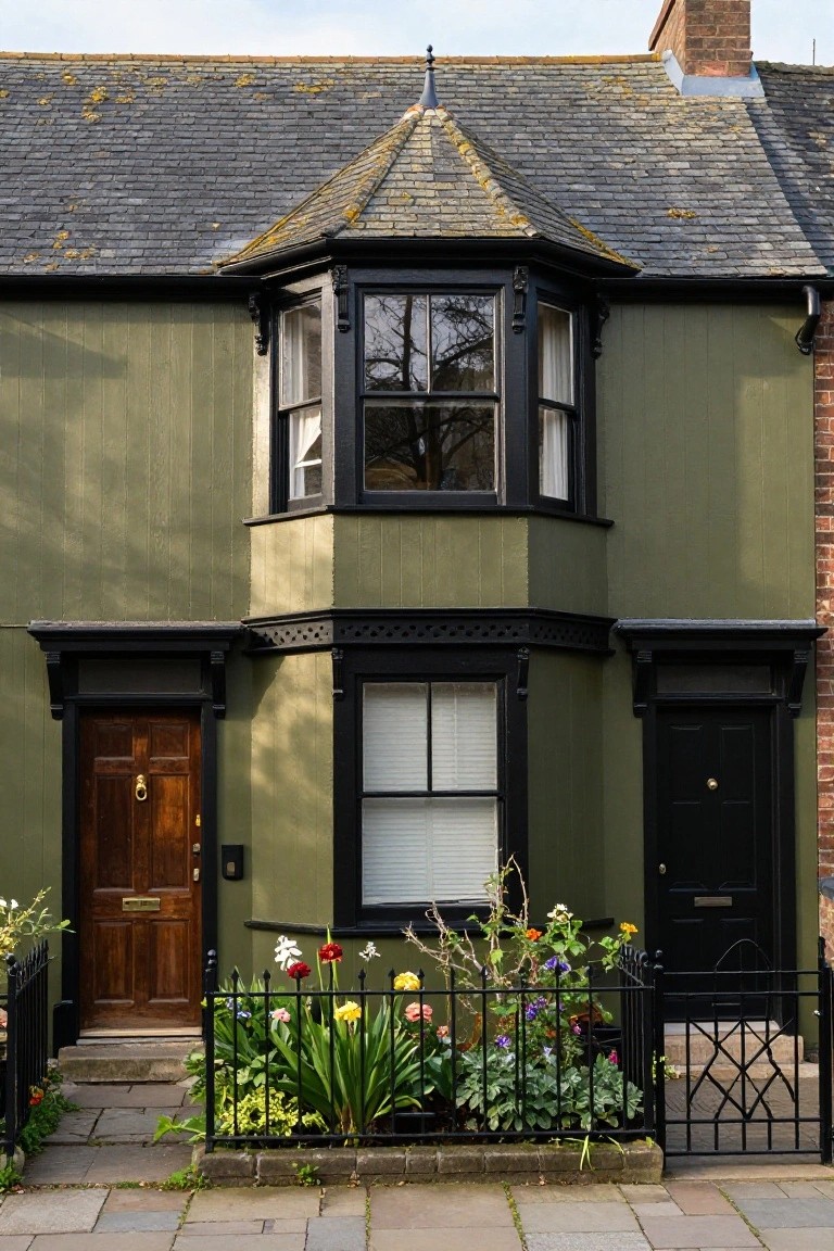 Olive green two-story terraced house with black trim around octagonal bay window and doors, wooden door on left with brass knocker, black door on right, small colorful garden in black iron fence enclosure on paved path.