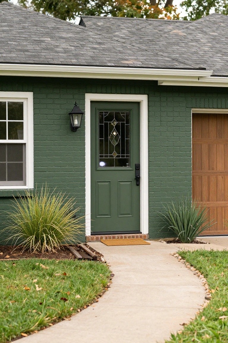 Green painted brick house exterior with dark green front door featuring stained glass window and brass knocker, wooden garage door, exterior wall lantern, curved concrete walkway, and border plants including grasses and agave.