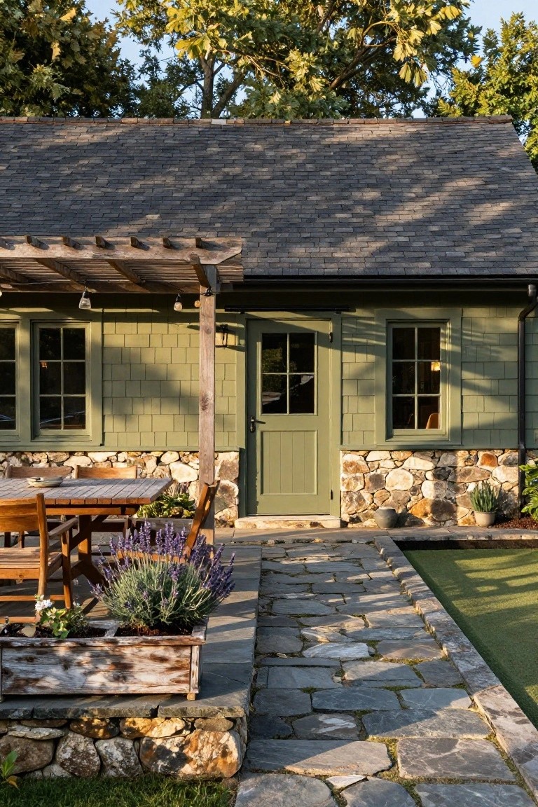 Olive green shingled house exterior with wooden pergola over the entry door, double-hung windows, stone foundation, wooden outdoor dining table and chairs, potted lavender and succulents, and slate path next to artificial turf.