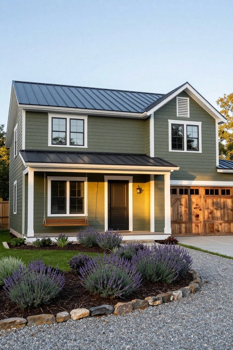 Front view of a two-story olive green house with dark metal roof, white trim, covered porch with wooden swing, black front door, wooden garage door, and landscaped area with lavender plants and stone edging.