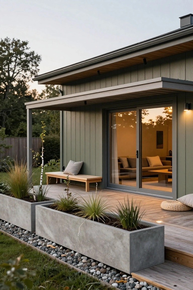 Side view of a modern house with olive green vertical siding and gray trim, featuring a covered wooden porch and extending deck with a bench, concrete planters containing grasses, large sliding glass doors showing interior sofa and cushions, gravel border, and surrounding garden with trees.