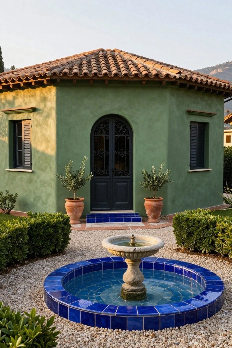 Octagonal olive green stucco pavilion with terracotta tile roof, arched black wrought-iron door flanked by potted olive trees in terracotta pots, and circular blue-tiled fountain in gravel courtyard edged with boxwood shrubs.