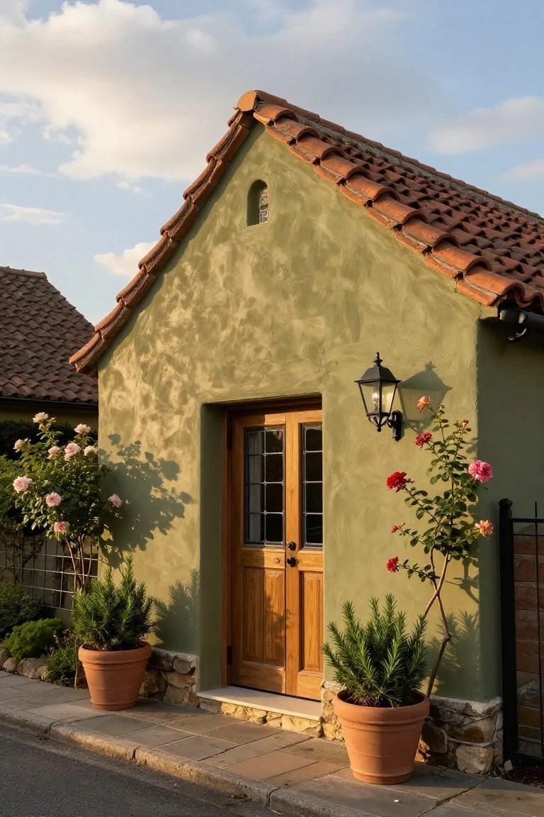 Small olive green stucco house with terracotta tile roof, wooden double door entry flanked by glass panels, black metal lantern light, rose bushes, potted rosemary plants, and stone steps on a paved path.