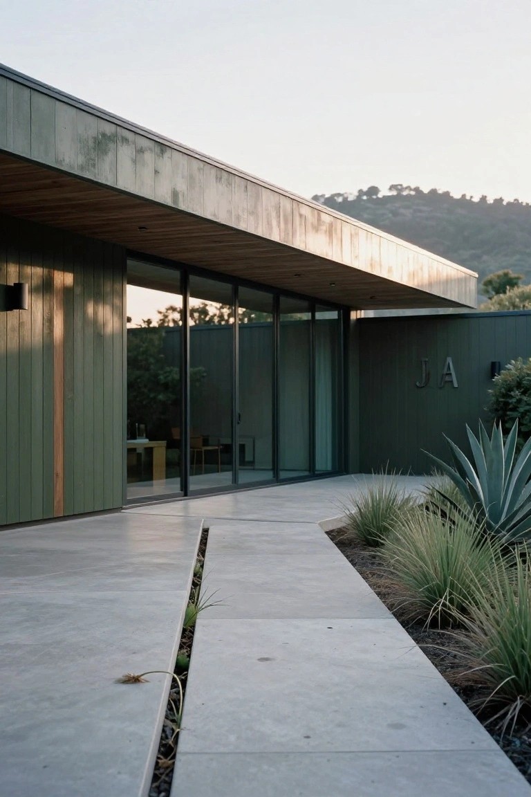 Modern house exterior with olive green vertical siding, wooden cantilevered overhang, large glass sliding doors, concrete pathway with plant trench, agave plants, and