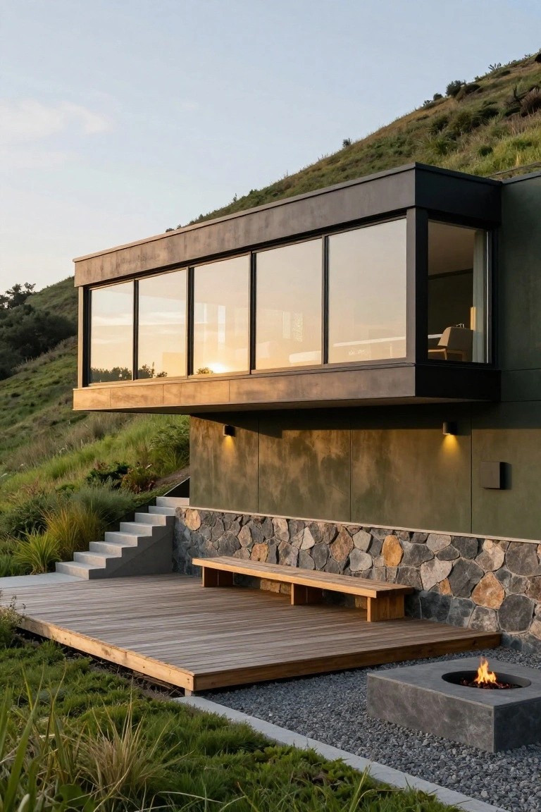 Modern house built into a grassy hillside with olive green walls, black metal window frames, stone base, wooden deck with bench and steps leading to a concrete fire pit, at sunset.