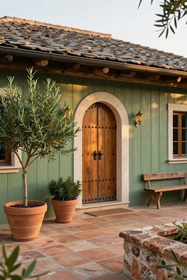 Sage green vertical board-and-batten siding on a house exterior with an arched wooden door featuring iron studs, flanked by lanterns, a potted olive tree in terracotta pot, wooden bench, and terracotta tile patio.