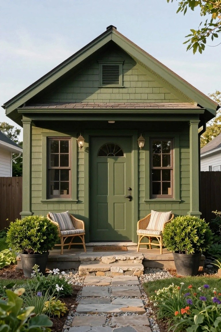 Small olive green shingled cottage with gabled roof, green door, flanked windows, lanterns, wicker chairs with cushions, potted boxwoods, stone steps, and gravel path amid garden plantings.